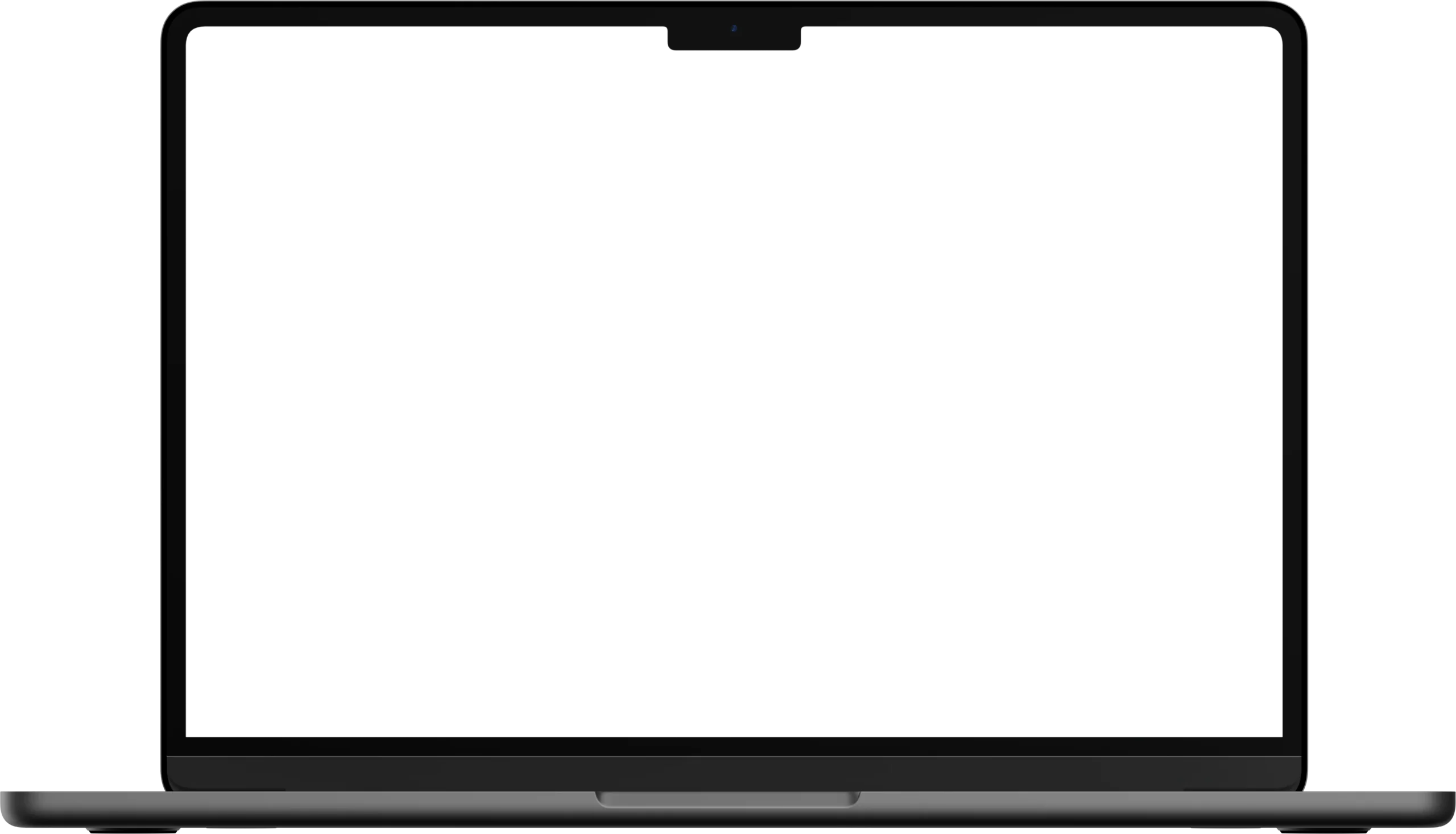 Mockup eines Laptops mit schwarzem Bildschirm, auf dem eine Benutzeroberfläche mit bunten Beispielfragen und der Begrüßung Hi Benno, wobei kann ich dir helfen? sowie einer Suchmaske darunter angezeigt wird.